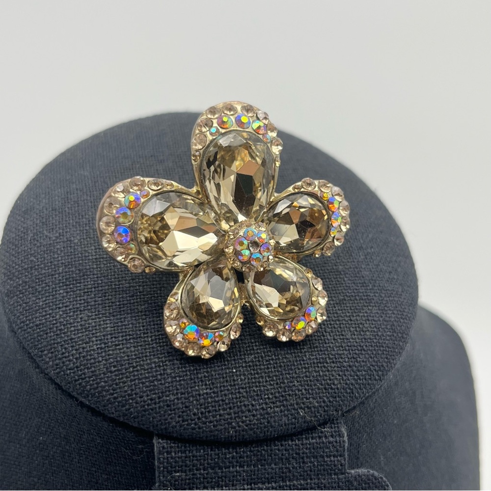 Champagne Statement Rhinestone AB Flower Gold Tone Stretch Band Ring Cocktail